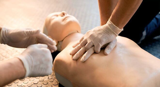 CPR training on rescue manikin in warm indoor light
