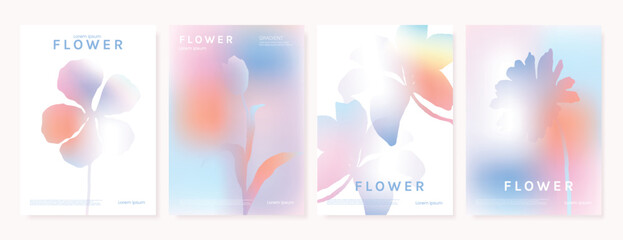 Obraz premium Modern gradient poster background vector set. Minimalist poster summer and spring cover template with green geometric, heart, flower, butterfly. Ideal design for social media, banner, card, ads.