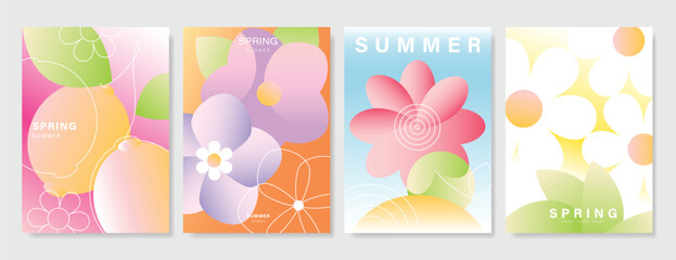 Obraz premium Modern gradient poster background vector set. Minimalist poster summer and spring cover template with green geometric, heart, flower, butterfly. Ideal design for social media, banner, card, ads.