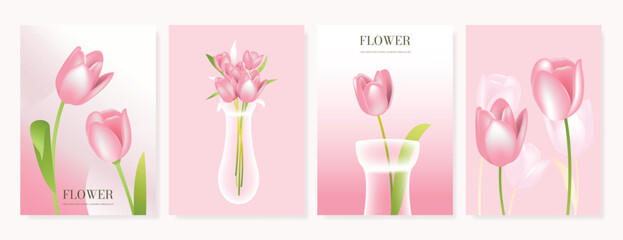 Obraz premium Modern gradient poster background vector set. Minimalist poster summer and spring cover template with green geometric, heart, flower, butterfly. Ideal design for social media, banner, card, ads.