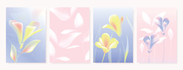 Obraz premium Modern gradient poster background vector set. Minimalist poster summer and spring cover template with green geometric, heart, flower, butterfly. Ideal design for social media, banner, card, ads.