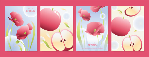 Obraz premium Modern gradient poster background vector set. Minimalist poster summer and spring cover template with green geometric, heart, flower, butterfly. Ideal design for social media, banner, card, ads.