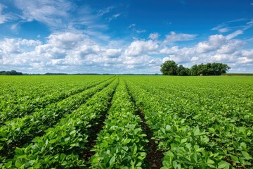 Expansive soybean field under a clear blue sky with rows of crops