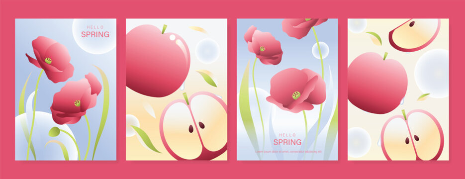 Modern gradient poster background vector set. Minimalist poster summer and spring cover template with green geometric, heart, flower, butterfly. Ideal design for social media, banner, card, ads.