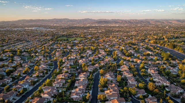 Expansive residential grid: Rows of homes, manicured lawns, and tree-lined streets in a growing suburb