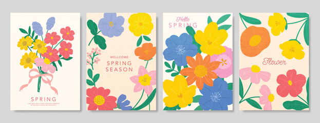 Obraz premium Spring Floral invitation card background vector. Minimal hand drawn botanical flowers template background. Design illustration for wedding, vip cover, poster, rsvp modern card, birthday party.