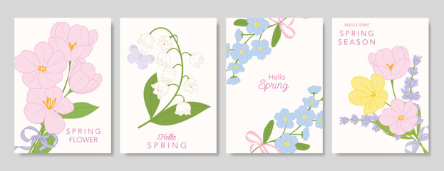 Obraz premium Spring Floral invitation card background vector. Minimal hand drawn botanical flowers template background. Design illustration for wedding, vip cover, poster, rsvp modern card, birthday party.