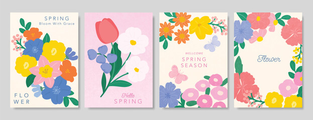 Obraz premium Spring Floral invitation card background vector. Minimal hand drawn botanical flowers template background. Design illustration for wedding, vip cover, poster, rsvp modern card, birthday party.