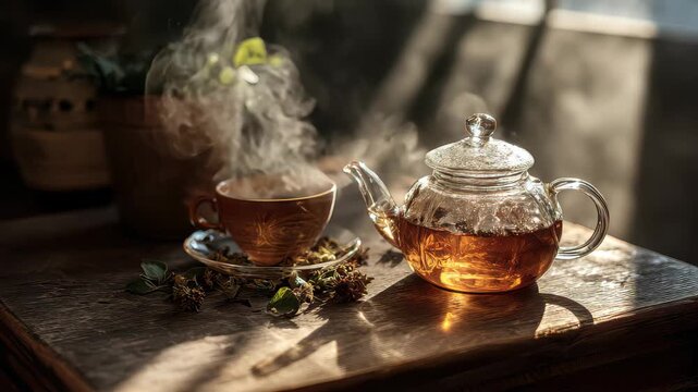 Steam rises from a glass teapot and cup on a wooden table with a plant in the background during afternoon light