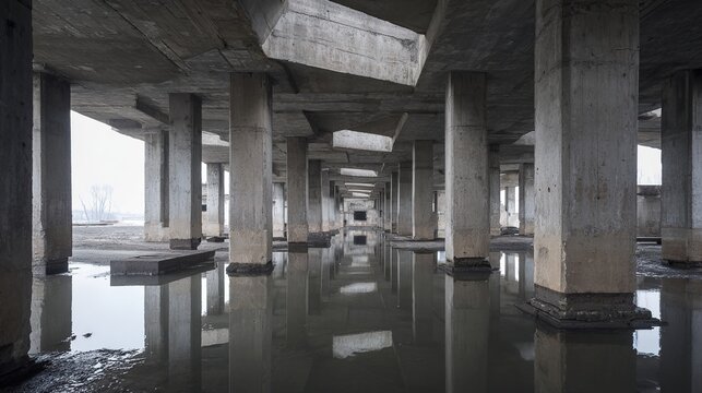 drydock. Vast empty concrete drydock with reflections on the ground. safety posters, maintenance manuals, designed for precision metalworking and fabrication facilities, improves efficiency.