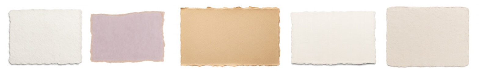 a diverse collection of five raw paper swatches with torn, deckled edges and natural textures, perfect for artistic backgrounds and design projects.
