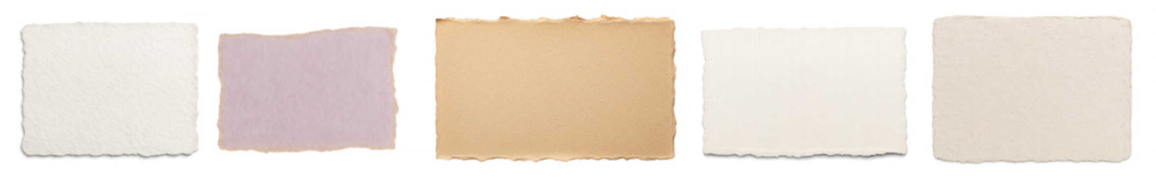 a diverse collection of five raw paper swatches with torn, deckled edges and natural textures, perfect for artistic backgrounds and design projects.