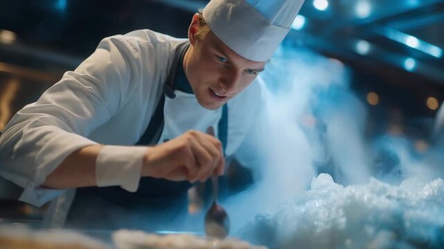 A food innovation lab experimenting with cryogenic flash-freezing techniques, chefs creating ultra-smooth textures while vapor spills across stainless counters &mdash; molecular gastronomy, cryogenic