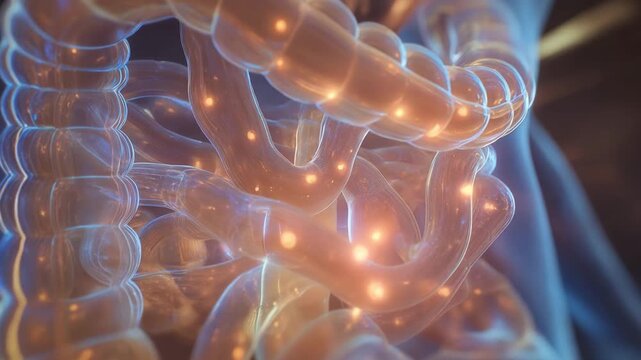 A futuristic gut health laboratory scene with a glowing holographic digestive tract model rotating slowly as AI algorithms evaluate inflammation risks and nutrient absorption &mdash; precision health,