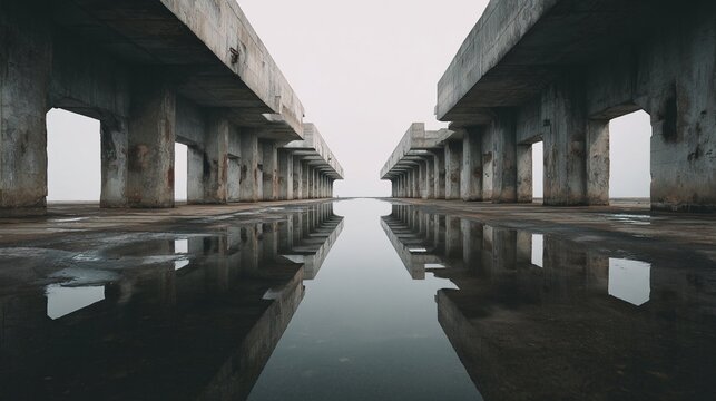 drydock. Vast empty concrete drydock with reflections on the ground. safety posters, maintenance manuals, designed for precision metalworking and fabrication facilities, improves efficiency.