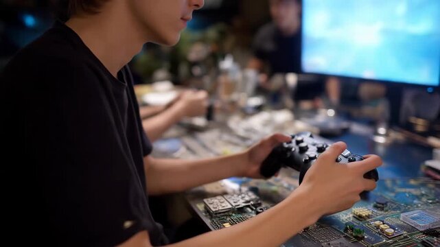 A game developer testing prototype controllers on a cluttered desk filled with sketches, cables, and 3D-printed button layouts &mdash; design iteration, creative development, and hardware innovation.