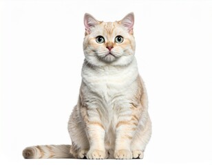 Obraz premium Cat sitting upright, staring forward, with light brown and white fur, set against white