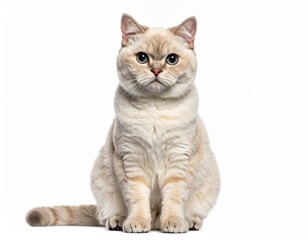 Obraz premium Cat sitting, with light fur and blue eyes, against a white background, looking at the camera
