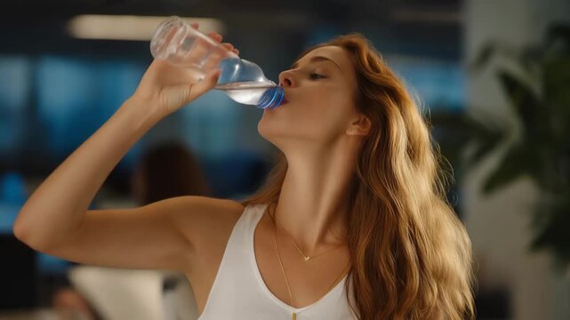 A hydration indicator on a smart water bottle flashing blue to remind an office worker to drink more throughout the day &mdash; wellness gadgets, health habits, and smart hydration tracking. cinematic