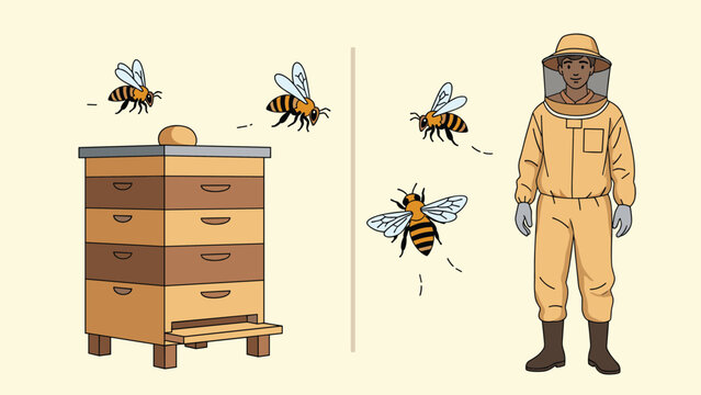 Dedicated beekeeper in a full protective suit standing by a wooden beehive with flying bees, illustrating apiculture and honey production.