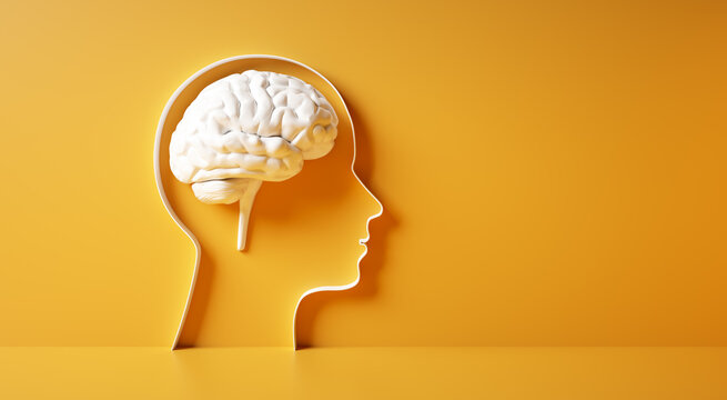 Conceptual artwork showing a 3D silhouette of a head with white brain against yellow wall
