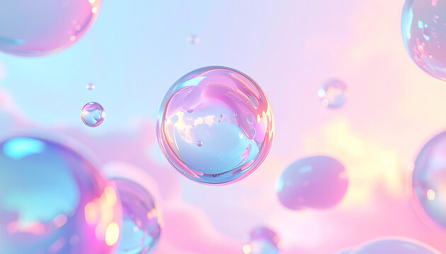 幻想的なパステルカラーの液体とバブルが浮遊する3D抽象背景素材