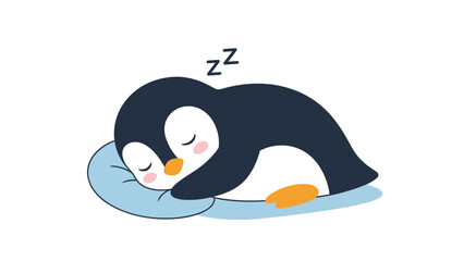 Fototapeta premium Adorable cartoon penguin sleeping peacefully on a soft blue pillow, with 