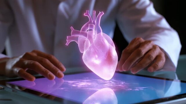 A stunning visualization of a holographic heart being manipulated by skilled hands, showcasing modern technology's ability to revolutionize medical education and anatomical understanding through