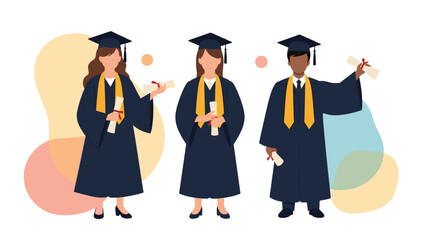 Diverse group of three happy graduates in academic caps and gowns, proudly holding their diplomas, celebrating their educational achievement.
