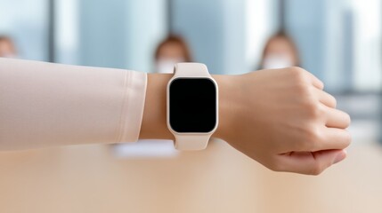 Future of Work: Hybrid Life, Digital Soul, work life balance, Stay Calm and Focused - Relaxing with Breathe Exercise on Smartwatch in Business Meeting, Copy Space Available