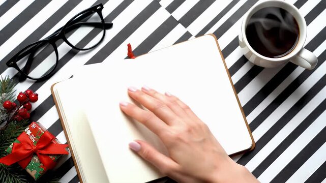 Overhead View of Blank Notebook on Striped Surface with Coffee Cup Gift and Glasses for Festive Christmas Planning and
