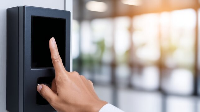 Future of Work: Hybrid Life, Digital Soul, work life balance, Cutting-Edge Biometric Scanner in Use as Time Clock at High-Tech Startup Office Scene