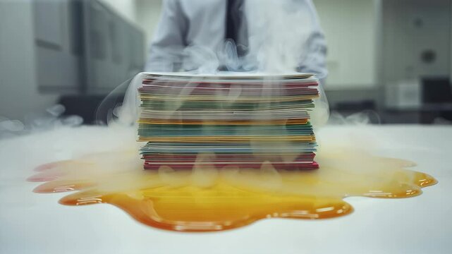 Stack of paper documents melting and steaming on the desk at the office, dead line concept
