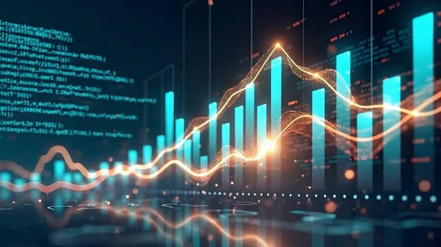 Financial market data animation video showing real time trading charts, investment analytics, business growth metrics, economic indicators, and performance trends visualization