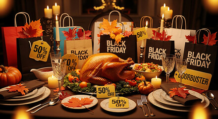 Thanksgiving Turkey Dinner with Shopping Bags and Autumn Leaves