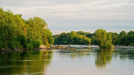 Fototapeta premium potomac. The Potomac River at sunset with golden light on the water. inspiring travel planning, travel magazines, designed for outdoor magazines and nature guides, drives exploration.