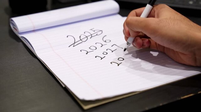 Close-up of hand writing a future years list 2025&ndash;2030 in a lined notebook with marker pen. Goal planning, timeline concept, indoor desk workspace, selective focus, copy space.