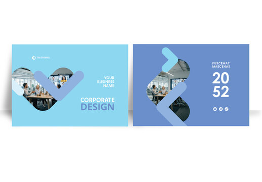 Modern business brochure layout &ndash;  Geometric Book Cover Landscape Layout Blue and White
  
