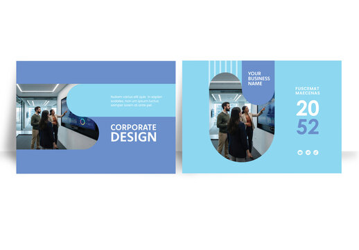 Modern business brochure layout &ndash;  Geometric Book Cover Landscape Layout Blue and White
  
