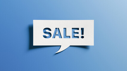 Sale message cutout in white paper speech bubble on blue background, promotion and discount concept for marketing and retail advertising
