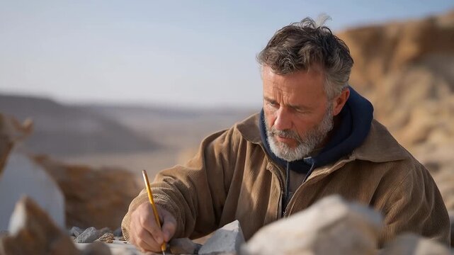 A petroleum geologist analyzing rock core samples in a rugged desert field lab, strata layers revealing clues to underground reservoirs &mdash; exploration science, subsurface geology, and resource