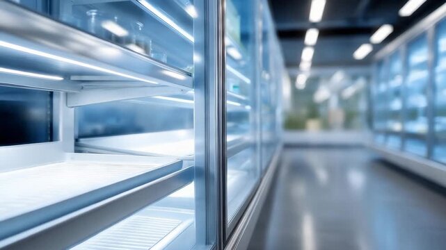 A long corridor of frozen shelves where laser-guided robots gently retrieve delicate frozen pharmaceuticals, lights reflecting off icy steel as machines glide quietly &mdash; high-precision medical