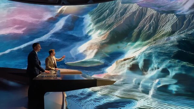 A marine cartographer projecting seafloor topography onto a curved digital wall, colorful elevation lines revealing trenches, ridges, and undersea mountains &mdash; bathymetric mapping, ocean geology,