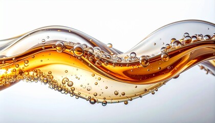 Macro view of a flowing liquid wave with small bubbles isolated on a white background. Clean minimal composition suitable for cosmetic, skincare, science, and abstract design concepts.