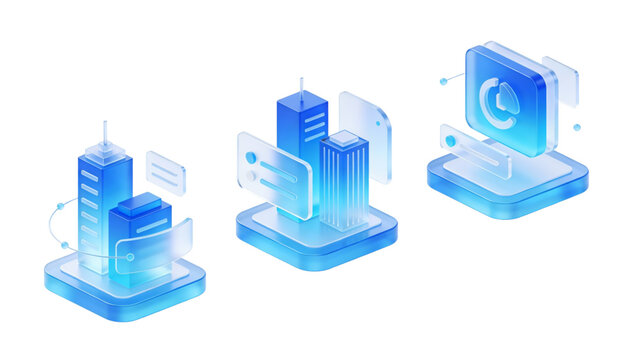 3D Glassmorphism Smart City and Enterprise Data Analytics Icon Set, Blue Frosted Glass Building and Growth Chart Symbols