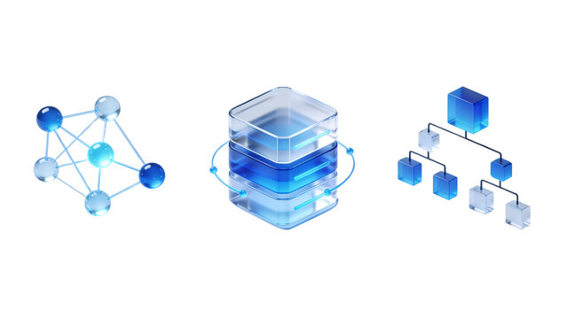 3D Glassmorphism Cloud Infrastructure and Data Flow Icon Set, Blue Frosted Glass Server and Network Node Symbols