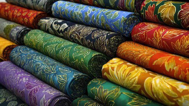 Colorful rolls of fabric are stacked neatly in a shop showcasing various patterns and designs in a market during the daytime