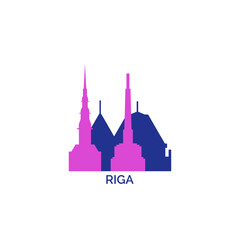 Fototapeta premium Riga cityscape, skyline, panoramic vector logo, icon, clipart. Latvia city emblem contour with landmarks and buildings silhouettes