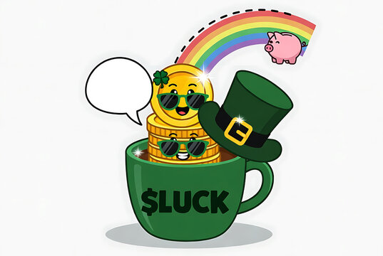 Iconic St. Patrick&rsquo;s Luck Motif &mdash; &ldquo;$LUCK&rdquo; Mug with Coin Stack, Leprechaun Hat & Rainbow Arc
