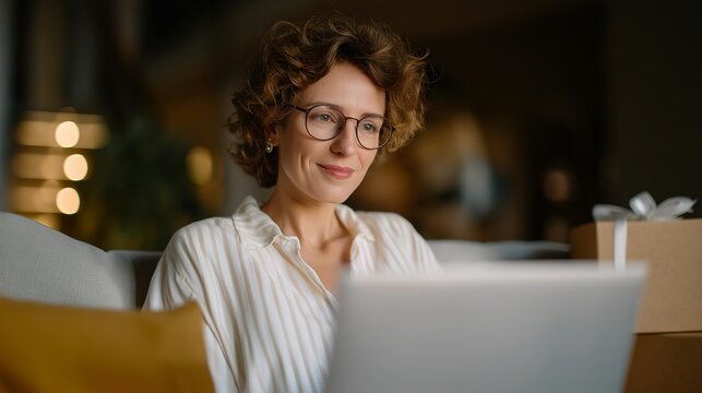A stylish living room with an excited shopper using a laptop for online shopping, filled with delivery boxes, representing the trend of home delivery services and the joy of receiving purchased
